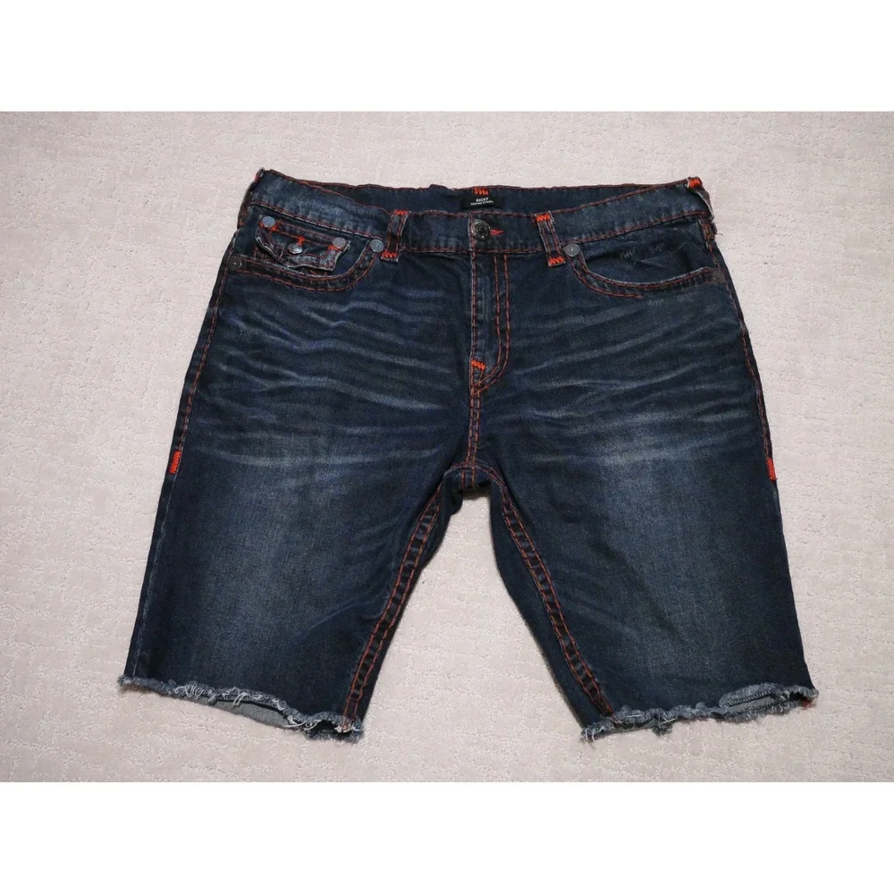 True Religion Ricky Super‎ T Straight Leg Jeans Dark Wash Orange Stitching Mens